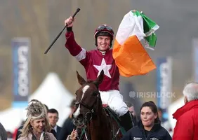 Donagh Meyler celebrates his victory on Blow by Blow in the Martin Pipe Conditional Jockeys' Handicap Hurdle during Gold Cup Day of the 2018 Cheltenham Festival at Cheltenham Racecourse.