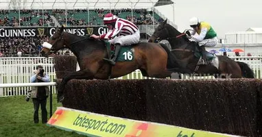 Tiger Cry ridden by Davy Russell clears the last ahead of Andreas ridden by Ruby Walsh to win the Johnny Henderson Grand Annual Steeple Chase during the Cheltenham Festival at Cheltenham Racecourse.