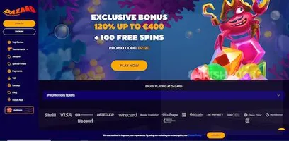 Dazard exclusive bonus 120% up to €400 + 100 free spins