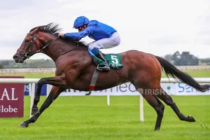 Native Trail (GB) #5, ridden by jockey William Buick wins the Group 1 Vincent O'Brien National Stakes on the turf on Irish Champions Weekend at Curragh Racecourse in Kildare, Ireland on September 12th, 2021