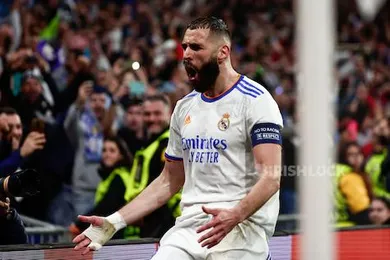 Karim Benzema of Real Madrid celebrates a goal during the UEFA Champions League Semi Final Leg Two match between Real Madrid and Manchester City at Santiago Bernabeu Stadium in Madrid.