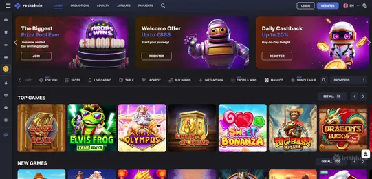 rocketwin casino homepage displaying various promotions such as a welcome bonus and daily cashback and popular online slot games