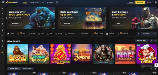 kingamo casino homepage featuring the welcome bonus and daily cashback promotions and top slot games such as release the bison and lucky dragon