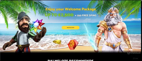 palmslots casino homepage showcasing the casino welcome bonus of up to €2,500 and 250 free spins with the characters from gonzo's quest slot and gates of olympus