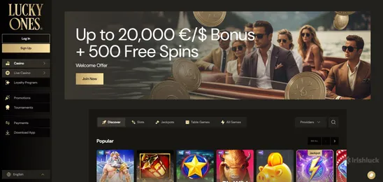lucky ones casino homepage featuring a welcome bonus of up to 2000 euros and 500 fee spins, top slot games, and a navigation menu