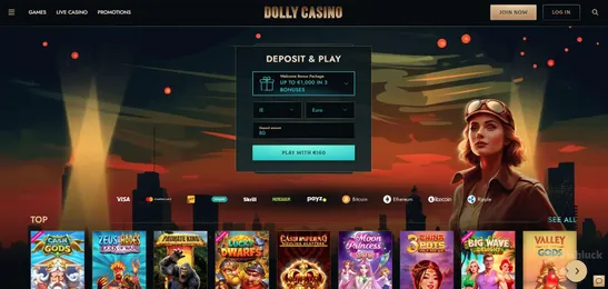 dolly casino homepage with an interactive background, the welcome bonus package and featuring the top online slot games