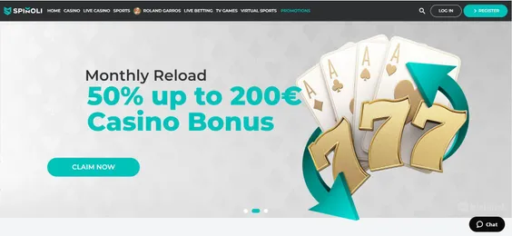 spinoli casino homepage displaying the monthly reload bonus of up to €200