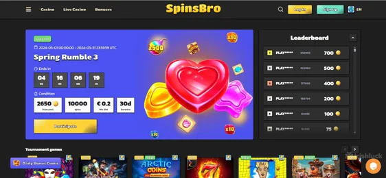 spinsbro casino homepage featured the latest winners on a leaderboard with a tiny snippet of the tournament games and a button to get in touch with customer care at the bottom left corner