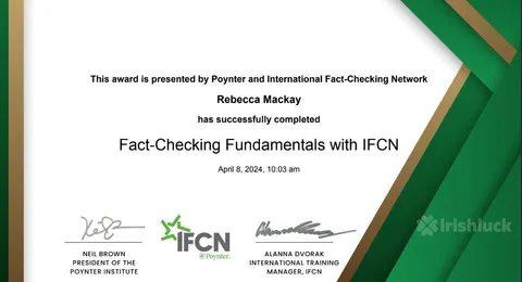 poynter certification fact checking fudamentals with IFCN awarded to Rebecca Mackay Irishluck Head of Content