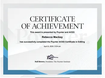 poynter certification in editing with IFCN awarded to Rebecca Mackay Irishluck Head of Content
