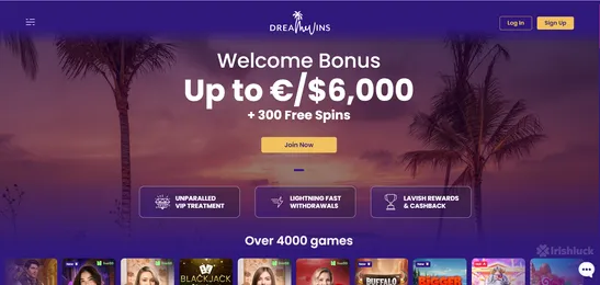 dreamwins casino homepage featuring the welcome bonus of up to €6000 and 300 free spins