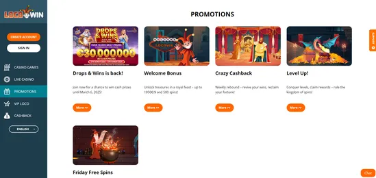 locowin promotions section cashback drops and wins welcome bonus and friday free spins