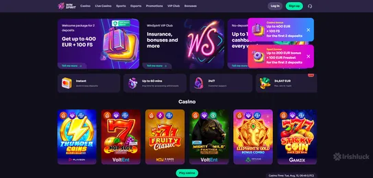 winspirit casino homepage featuring a welcome bonus and top slots