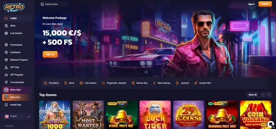 retrobet homepage with the free spins welcome bonus and slots