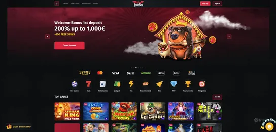 jettbet casino homepage irish online casino featuring the welcome bonus and the main character from wolf gold and online slots