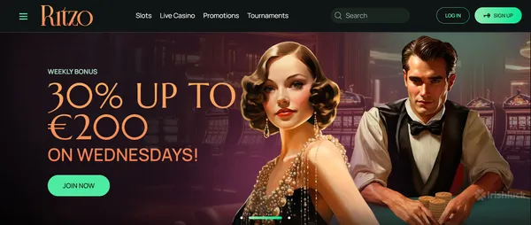 ritzo casino homepage featuring the welcome bonus, free spins, an 1920s themed characters