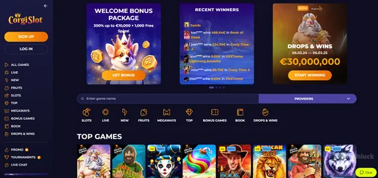 corgislot casino homepage featuring their welcome bonus, games, and drops and wins promotions