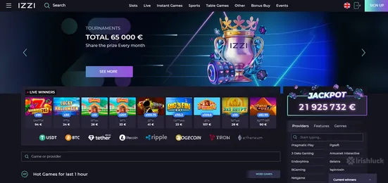 izzi casino homepage featuring jackpot winners and games