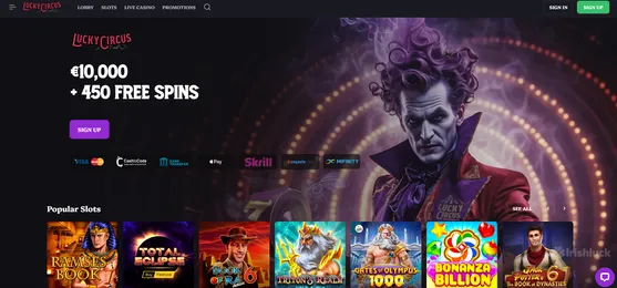 lucky circus casino homepage featuring irishluck offer including free spins and top online slots