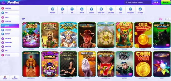 funbet casino homepage featuring top slot titles and the casino menu