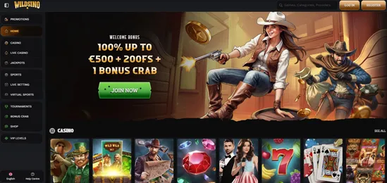 wildsino-casino-homepage featuring the free spins welcome bonus and western design