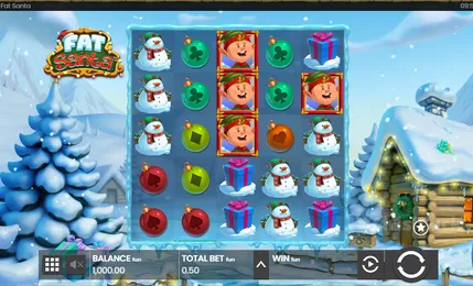 a screenshot for fat santa slot featuring all the symbols and the irishluck logo