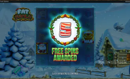 a screenshot of the fat santa slot showing 5 free spins awarded and the irishluck logo