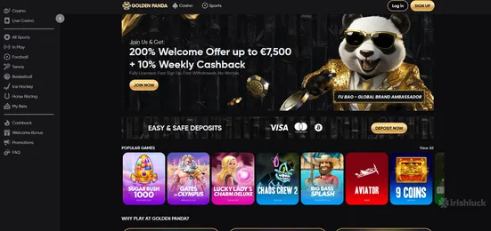 golden panda casino homepage featuring the casino's mascot, casino bonus and top games