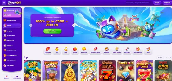 robocat casino homepage featuring the navigation menu, the welcome bonus which has free spins, and the top games with the irishluck logo