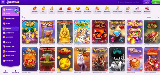 the casino games showing on robocat casino games section featuring the irishluck logo