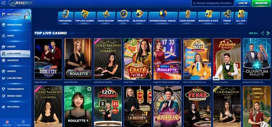 a screenshot of bassbet's live casino showcasing the top games such as mega roulette, crazy time, and gold saloon