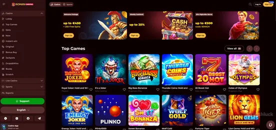 roman casino homepage featuring the top games and bonuses and the irishluck logo