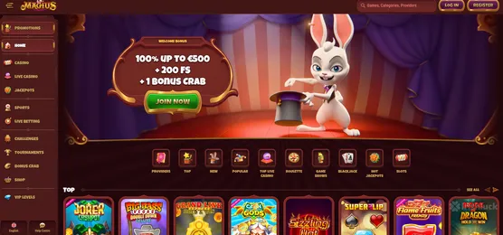 magius casino homepage featuring the welcome bonus and the irishluck logo