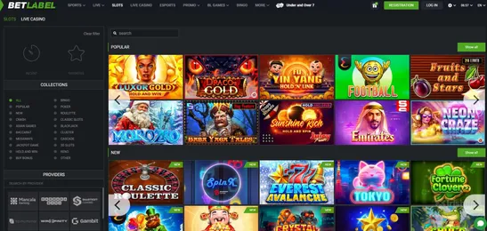 betlabel casino homepage featuring the top games