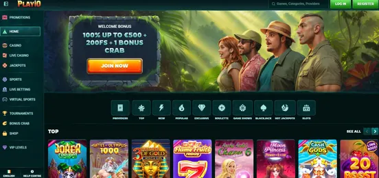 playio casino homepage featuring the welcome bonus and the irishluck logo