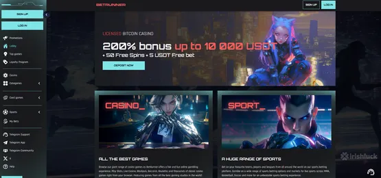 betrunner casino homepage featuring the welcome bonus and the menu