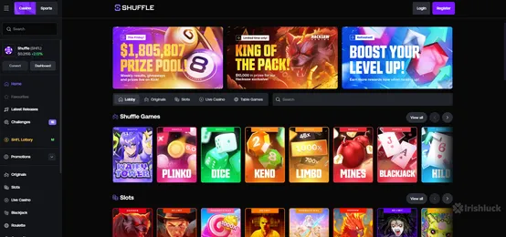 shuffle casino homepage featuring the top games and side menu