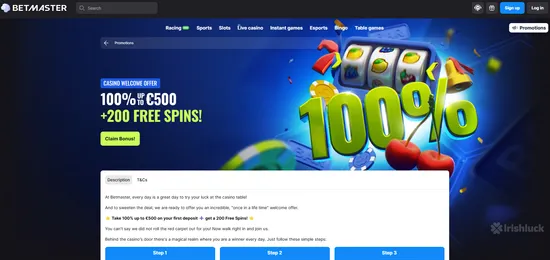 betmaster welcome bonus and the irishluck logo including free spins