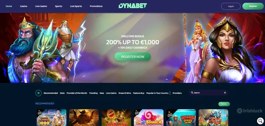 dynabet's casino homepage featuring the welcome bonus which includes cashback and the irishluck logo