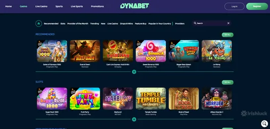 the selection of casino games available at dynabet casino including top names such as the book of dead and the irishluck logo