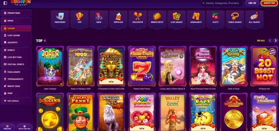 duospin casino homepage featuring the sticky menu on the side and the top games and the irishluck logo