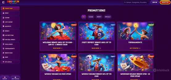 list of promotions found at duospin such as tournaments, weekly reload free spins and more, featuring the irishluck logo