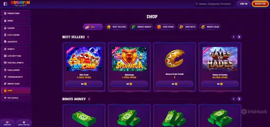 duospin casino shop featuring games and rewards and the irishluck logo