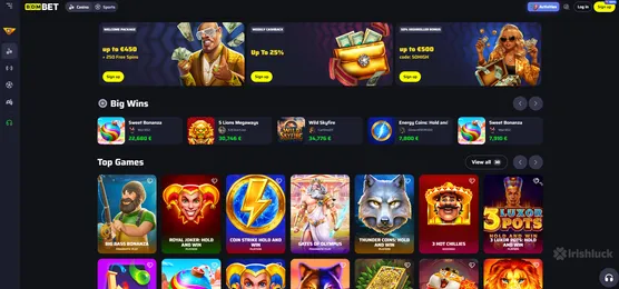 bdm casino homepage featuring the welcome bonus and slots and the irishluck logo