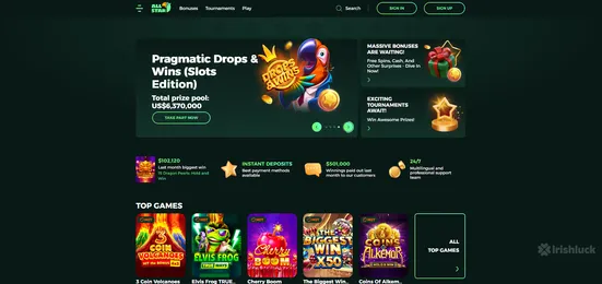 all star casino homepage featuring the welcome bonus and the top games