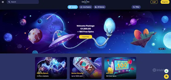 galactic wins homepage featuring the welcome bonus and the irishluck logo