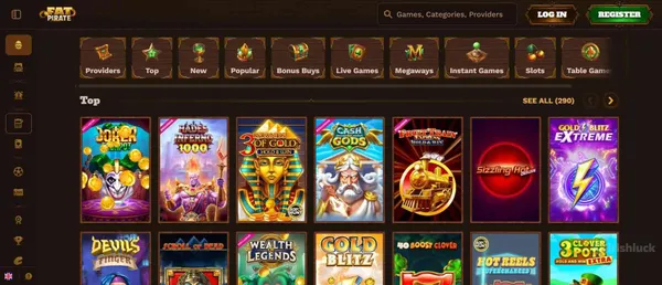 FatPirate casino's selection of slots, table games, instant win games