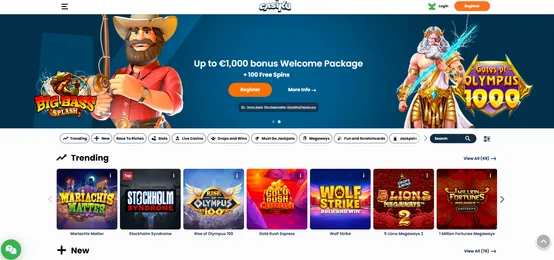 casiku casino homepage featuring the welcome offer, gates of olympus and big bass bonanza graphics and the irishluck logo