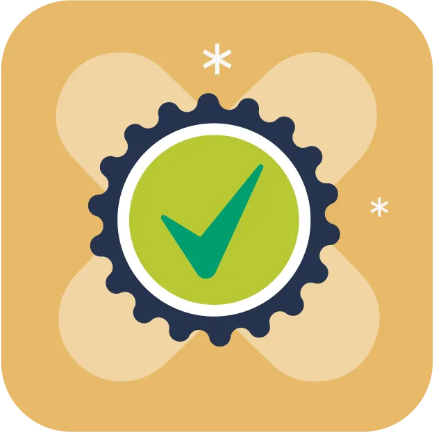 Icon of a green checkmark inside a gear on a yellow background.