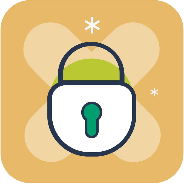 Icon of a white padlock with a green keyhole on a yellow background